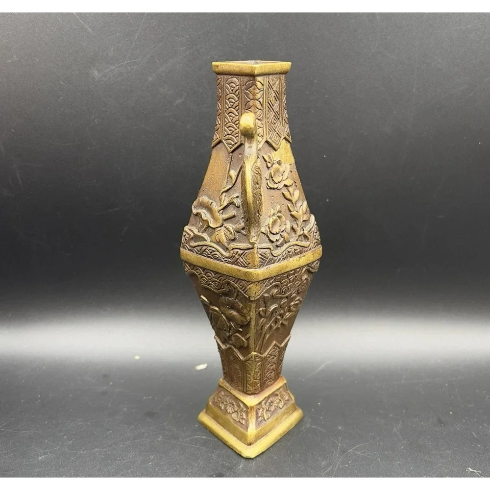 Vintage Chinese Brass Carving Vase Flowers Iris Morning Glory 6
